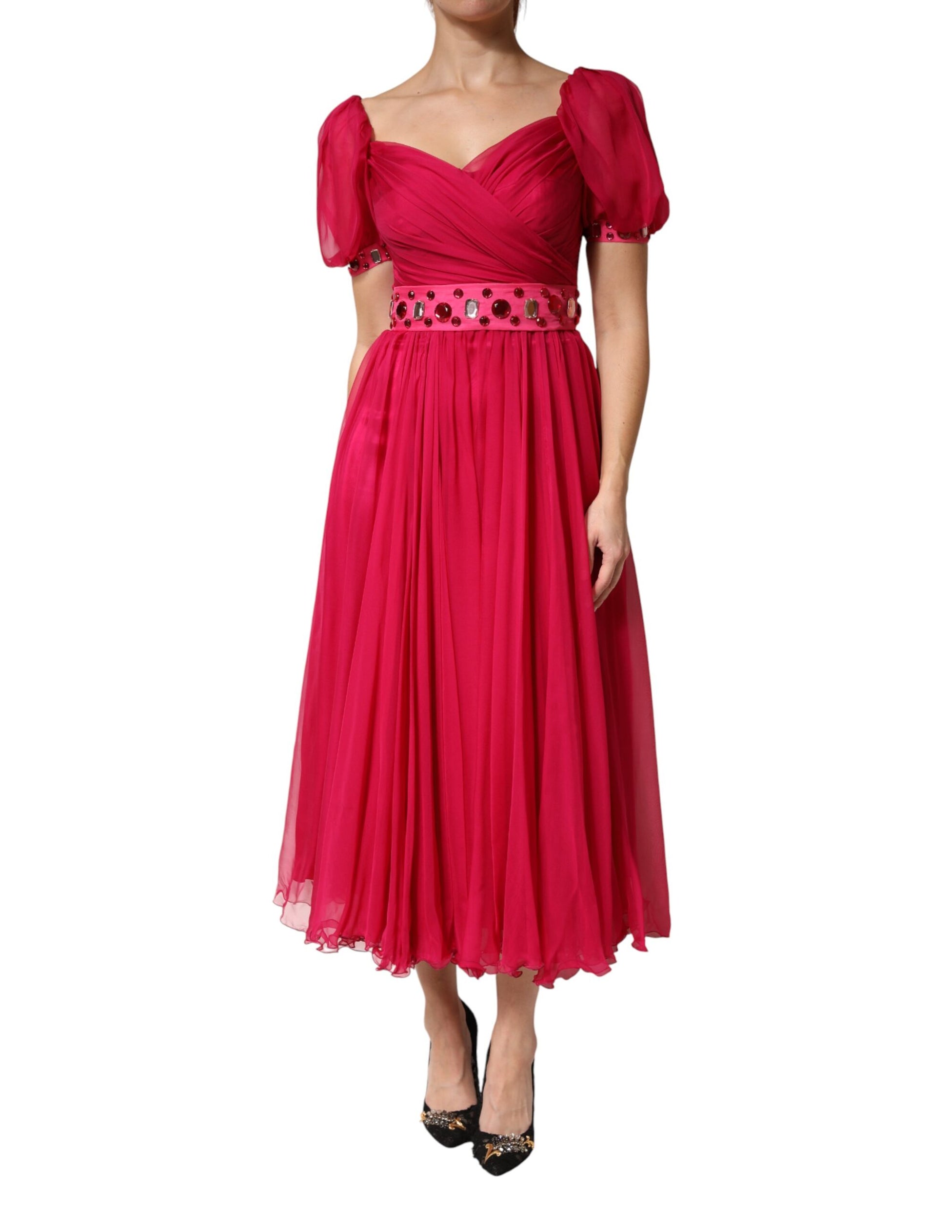 Robe midi évasée Dolce & Gabbana en soie rose ornée