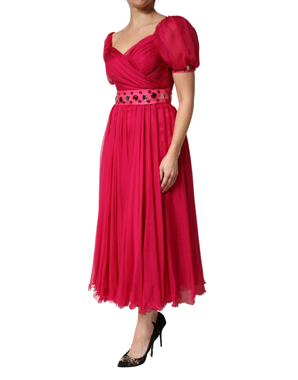 Robe midi évasée Dolce & Gabbana en soie rose ornée