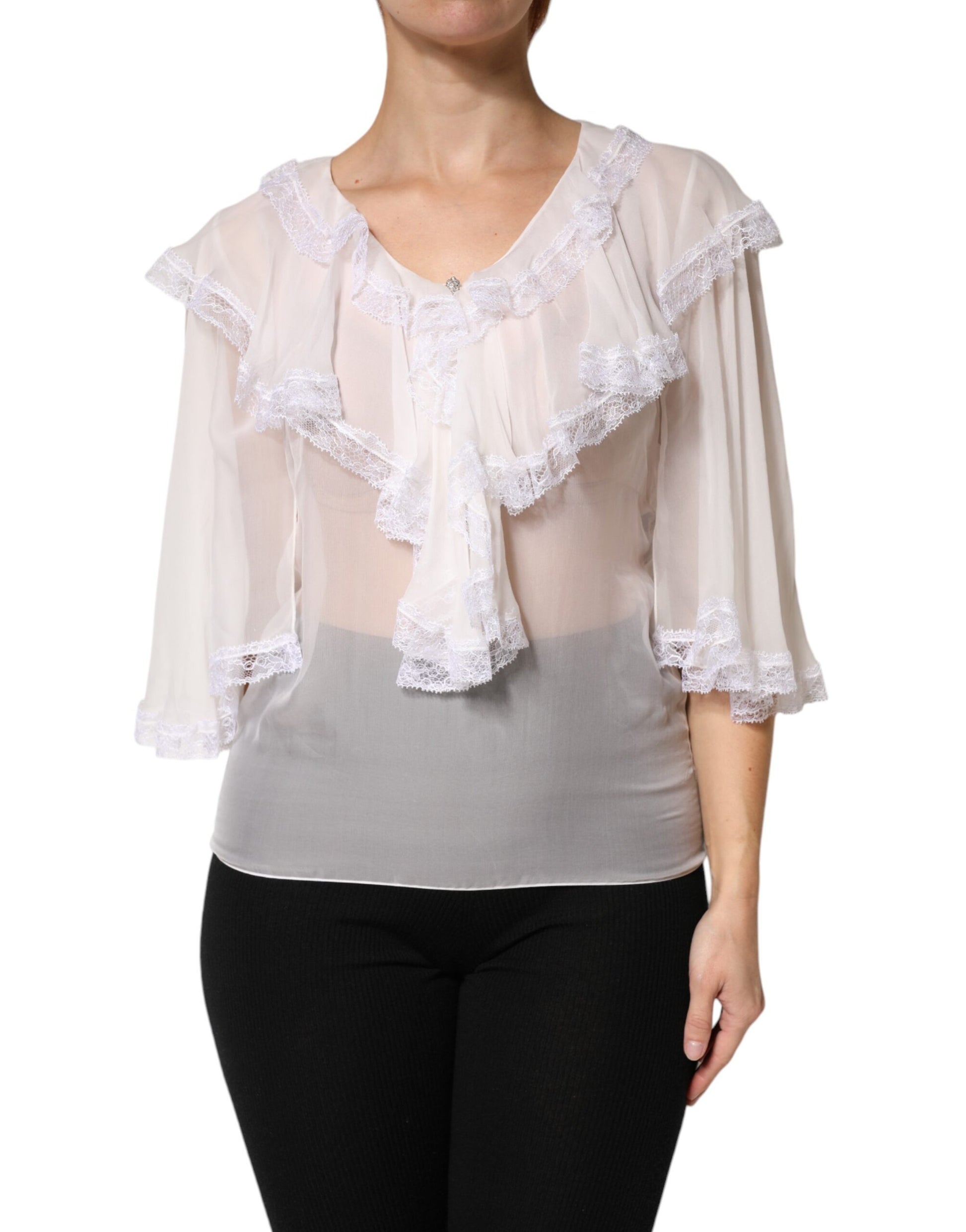 Chemisier blanc à manches longues en dentelle et volants Dolce & Gabbana