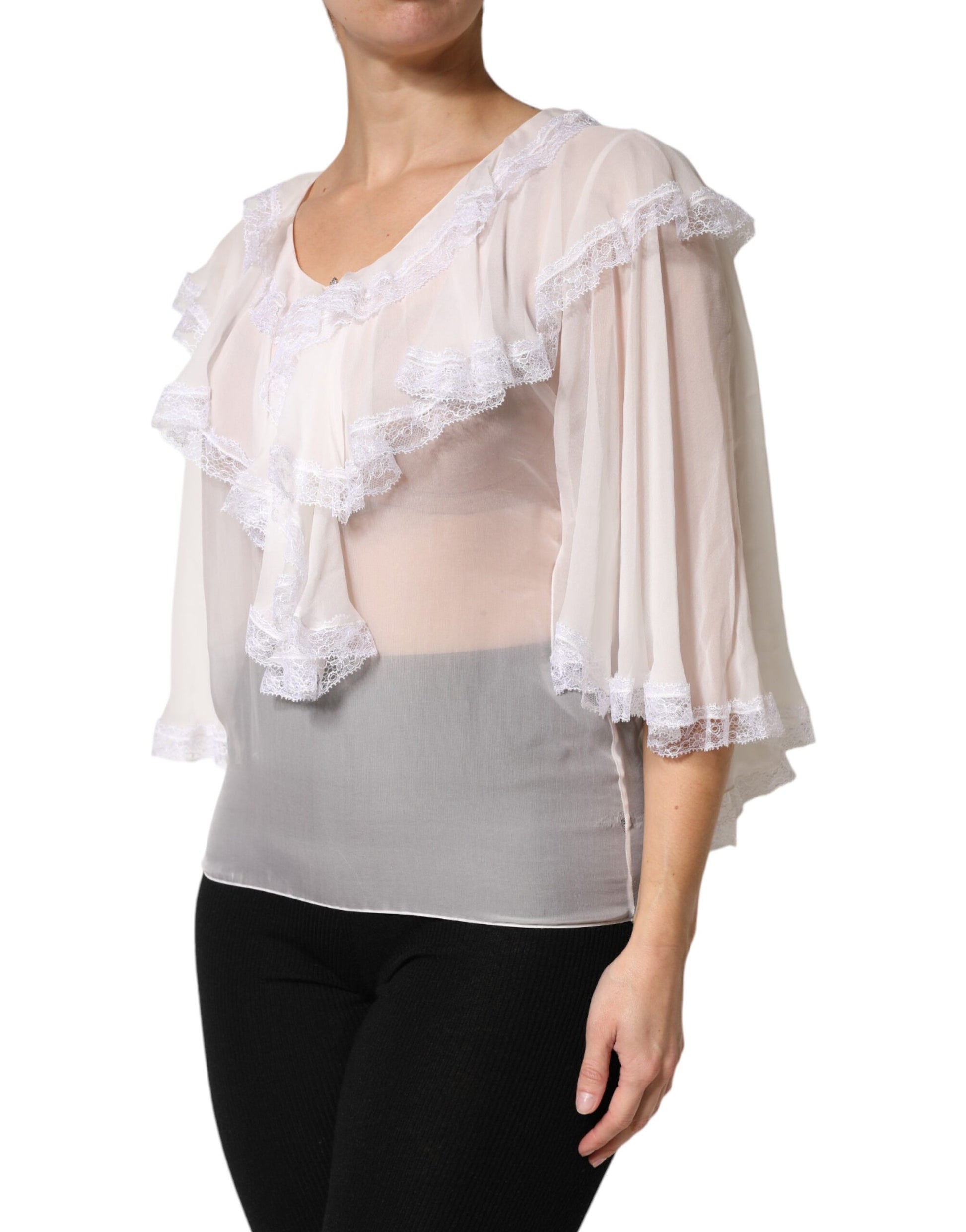 Chemisier blanc à manches longues en dentelle et volants Dolce & Gabbana