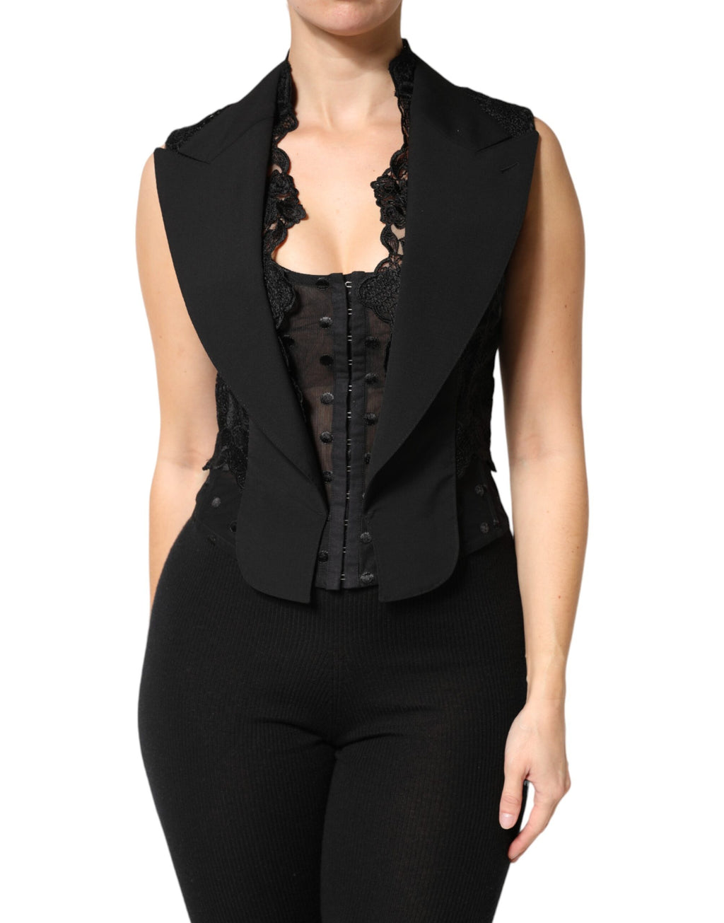 Gilet-Veste Dolce & Gabbana en Dentelle Noire avec Col V, Fente à l'Ourlet et Taille Froncée