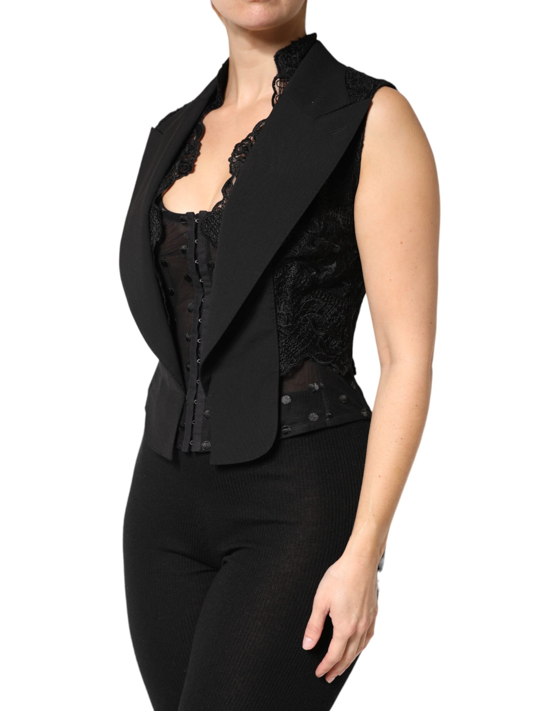 Gilet-Veste Dolce & Gabbana en Dentelle Noire avec Col V, Fente à l'Ourlet et Taille Froncée