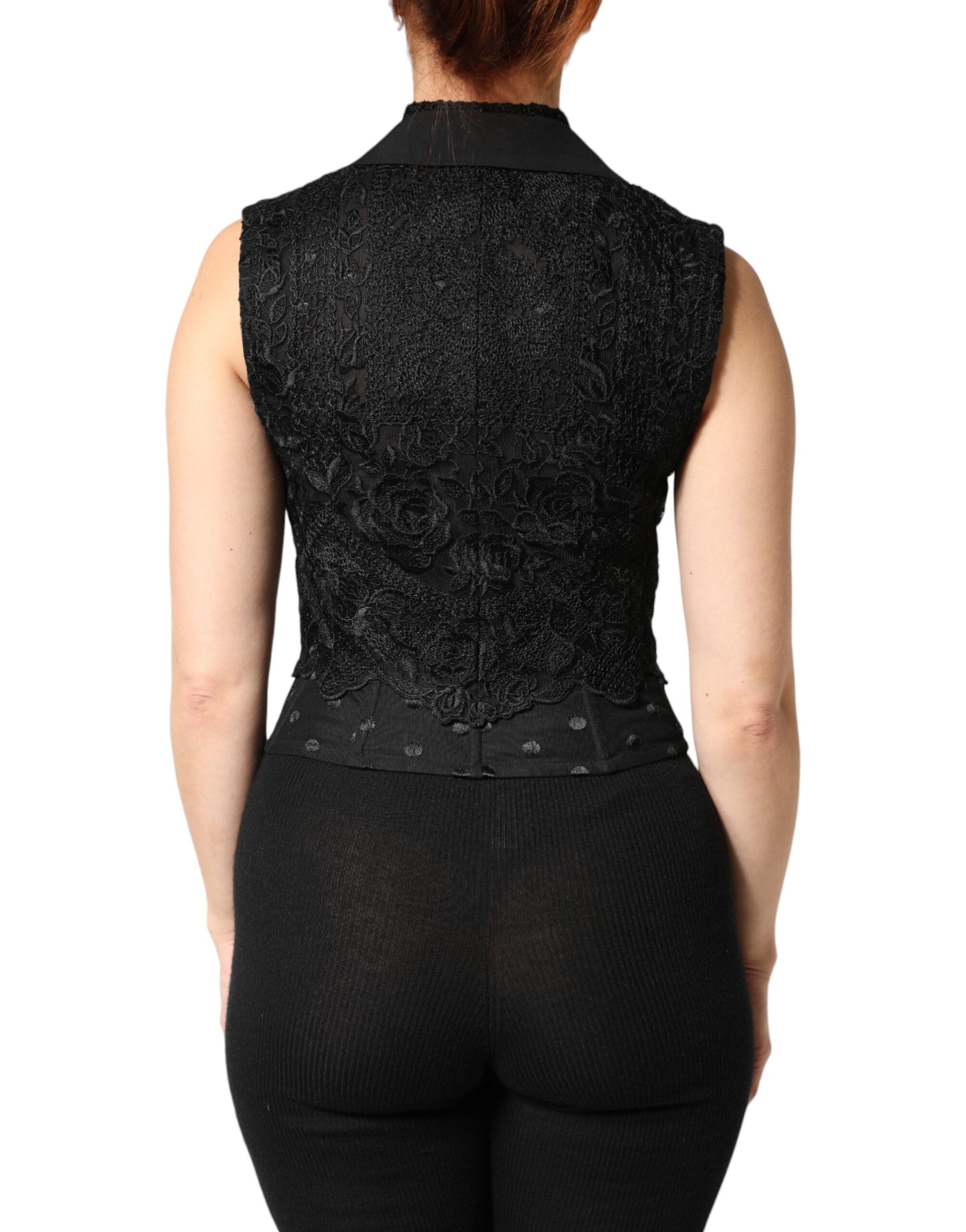 Gilet-Veste Dolce & Gabbana en Dentelle Noire avec Col V, Fente à l'Ourlet et Taille Froncée