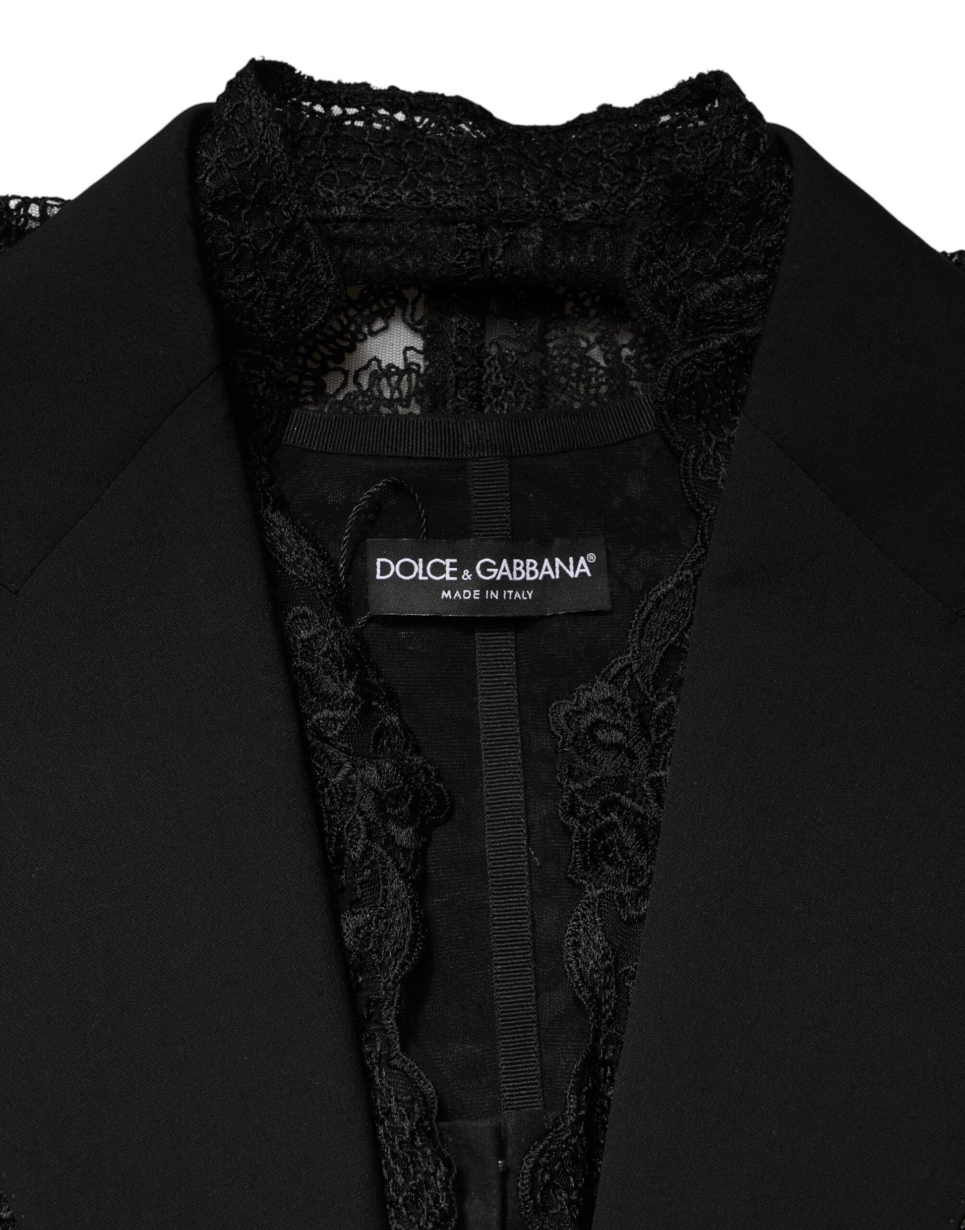 Gilet-Veste Dolce & Gabbana en Dentelle Noire avec Col V, Fente à l'Ourlet et Taille Froncée