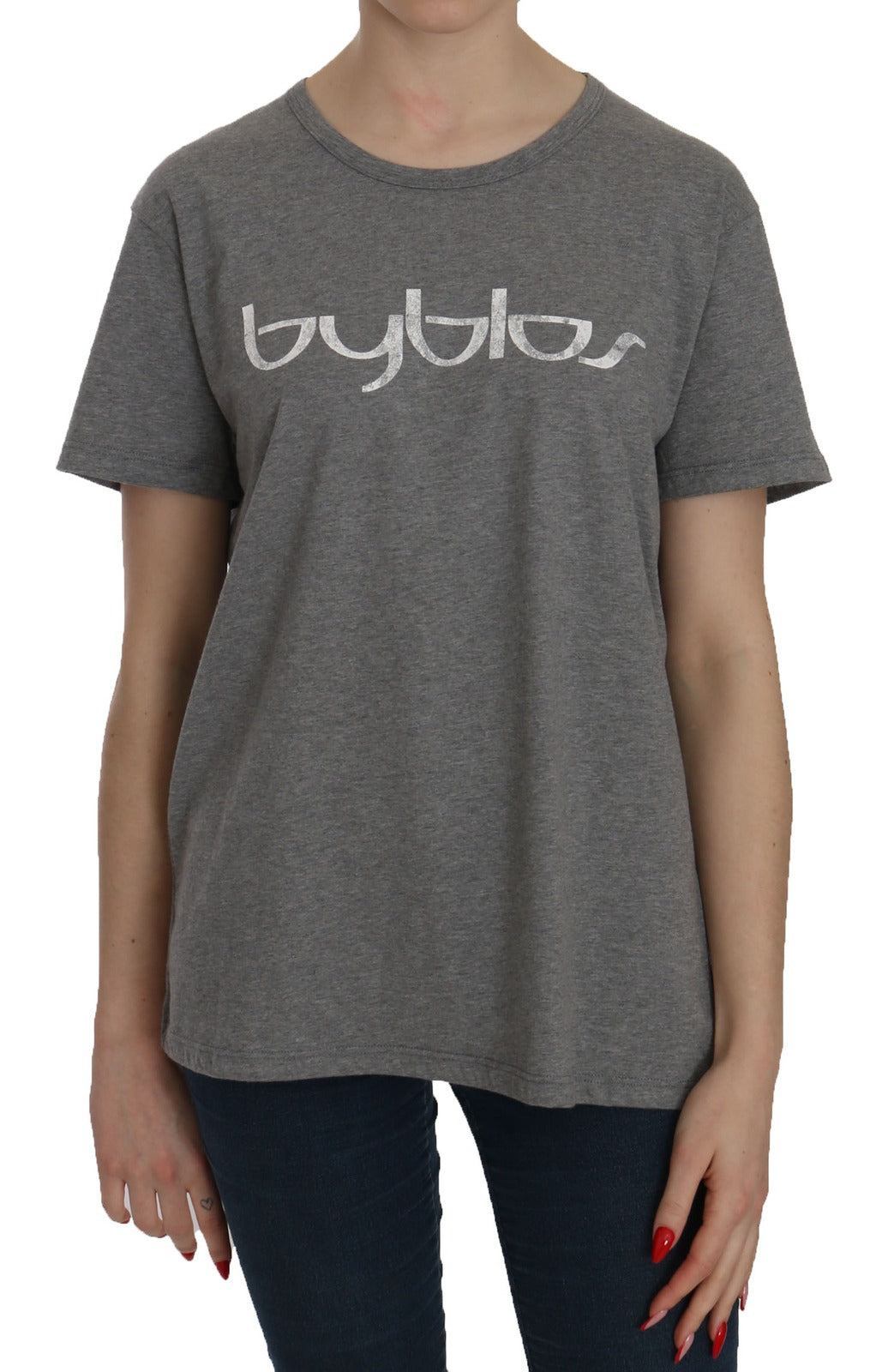 BYBLOS Coton Gris Manches Courtes Col Rond Top T-shirt Blouse