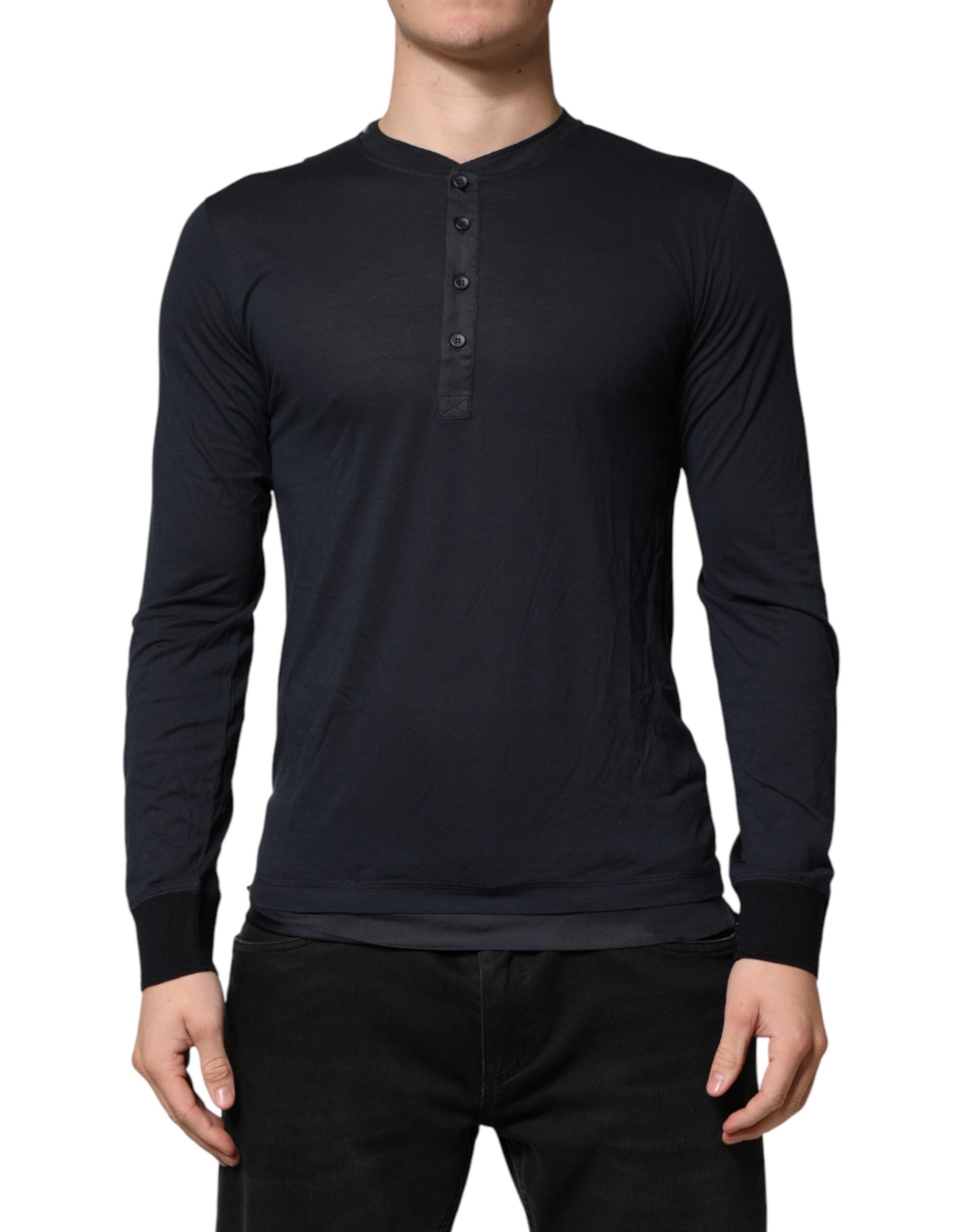 T-shirt Henley Dolce & Gabbana en coton bleu foncé à manches longues