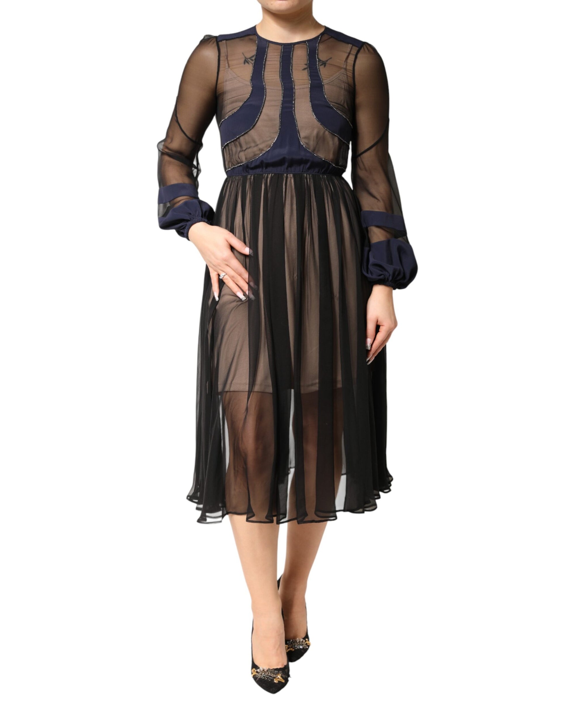 N.21 Blue Long Sleeves Sheer Silk Sheath A-line Midi Dress