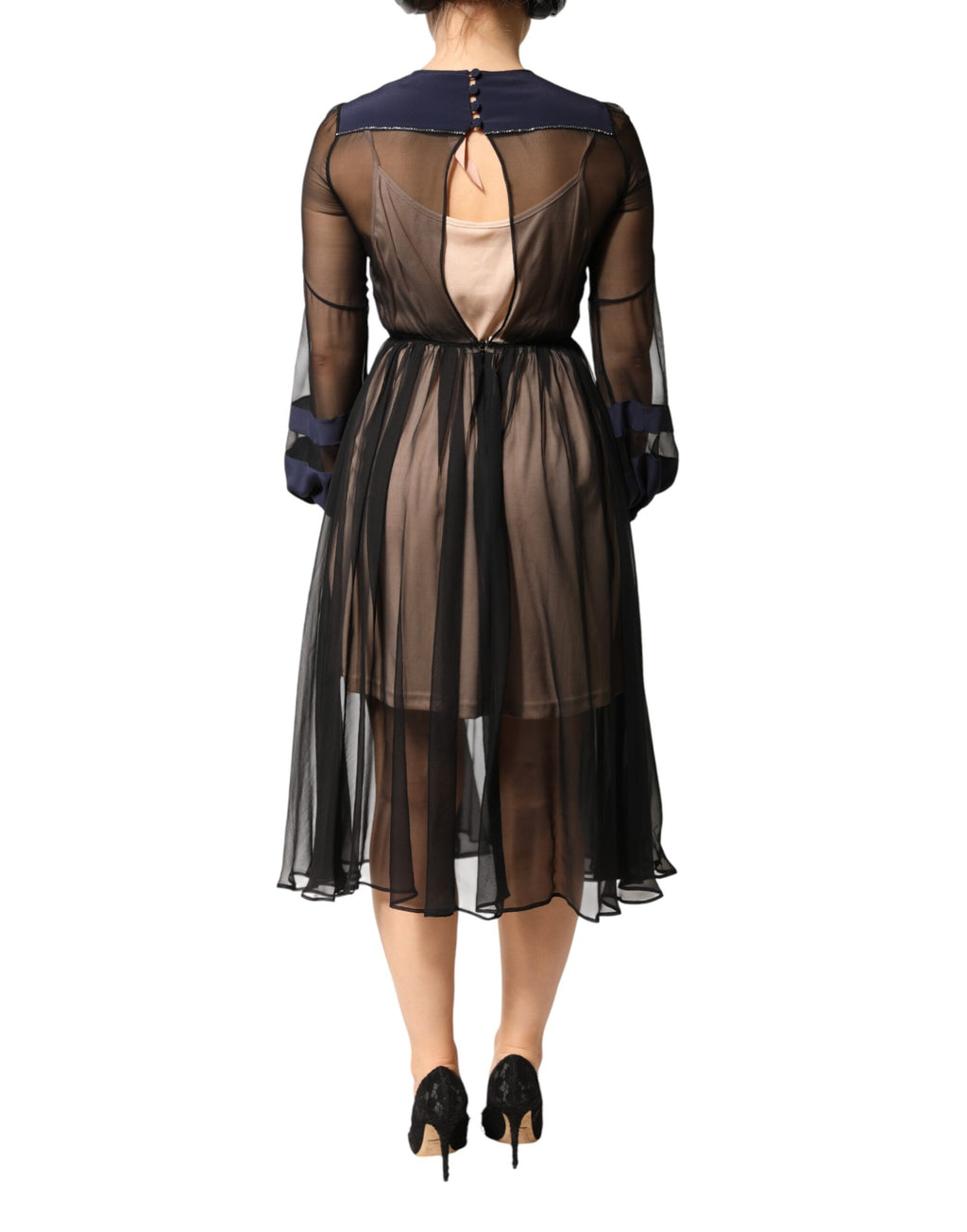 N.21 Blue Long Sleeves Sheer Silk Sheath A-line Midi Dress