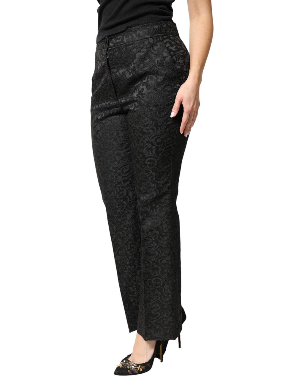 Pantalon taille haute en brocart floral noir Dolce & Gabbana