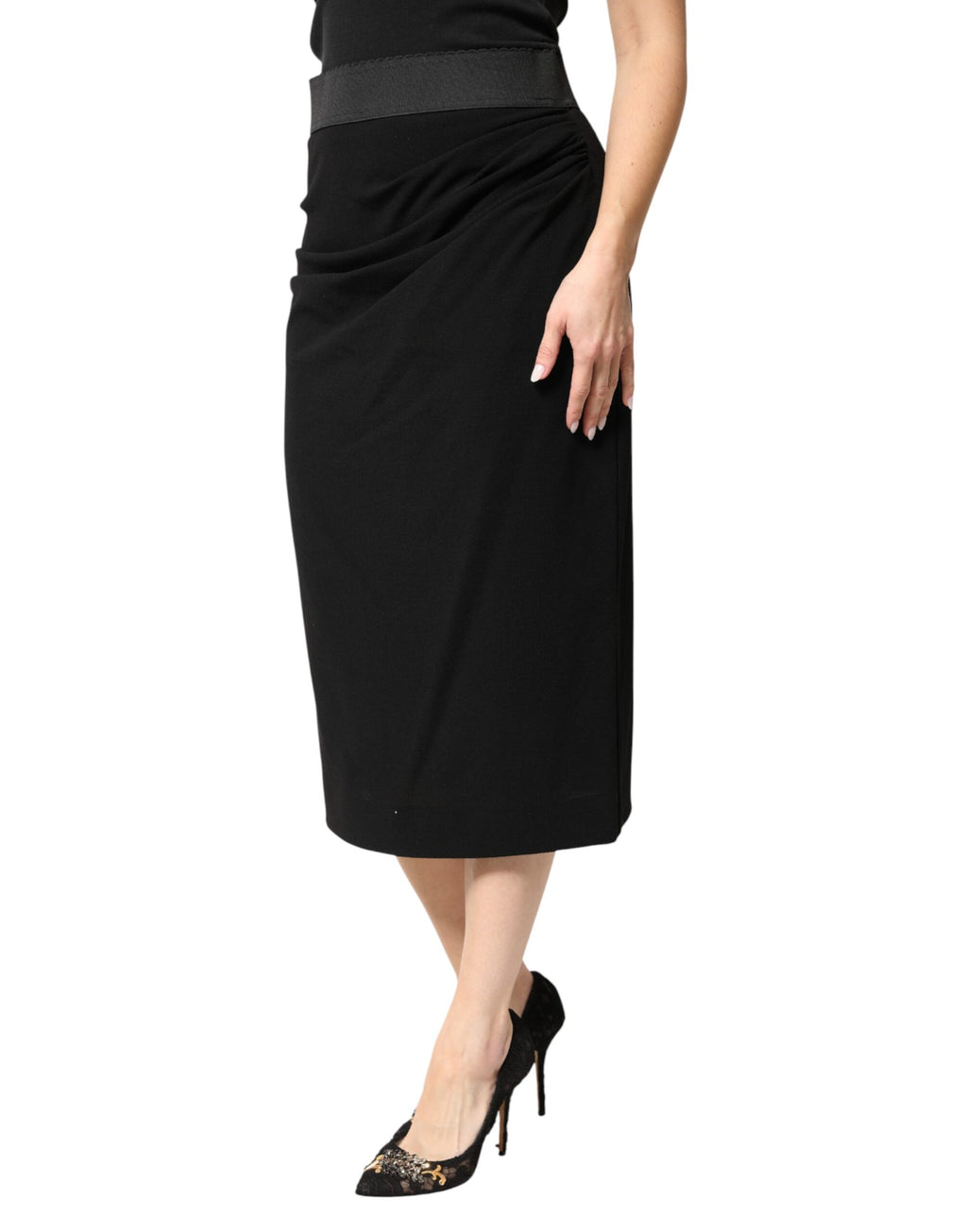 Jupe midi crayon taille haute en laine noire Dolce & Gabbana
