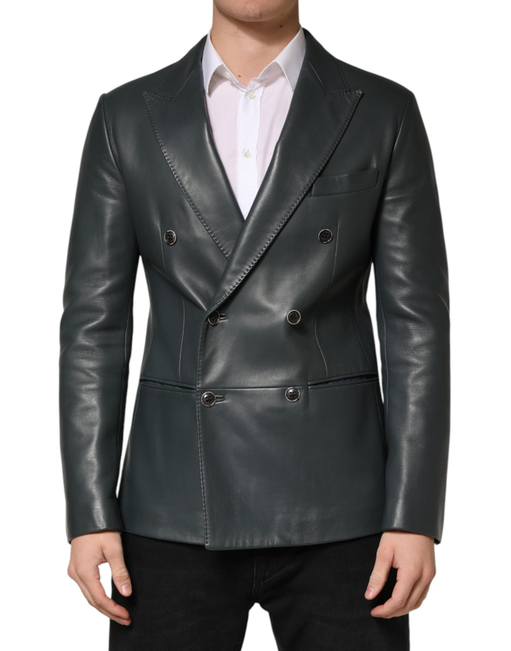 Blazer croisé 2 boutons en cuir noir Dolce & Gabbana