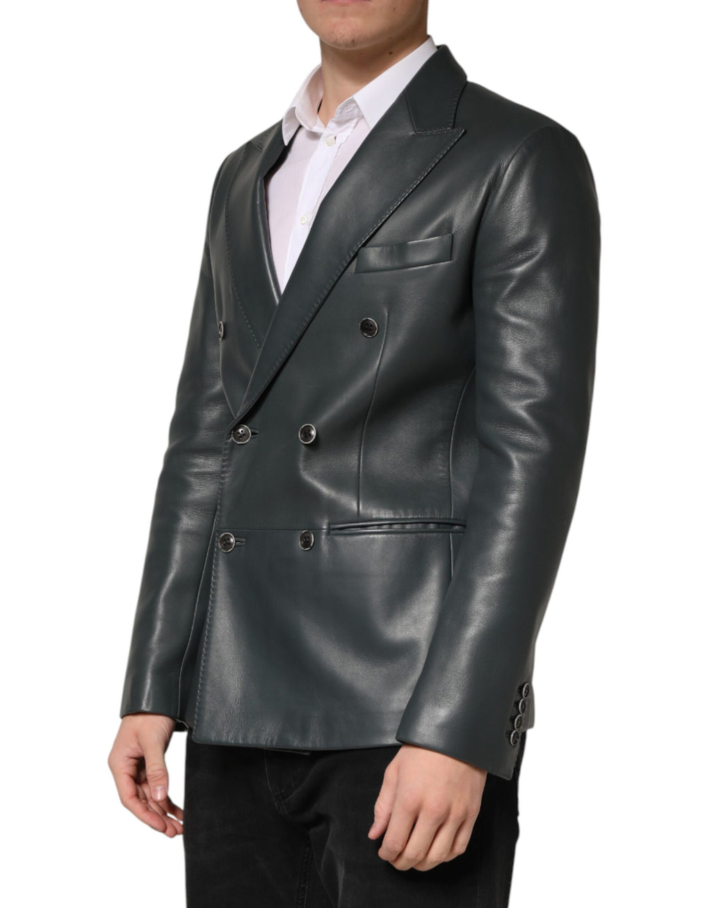 Blazer croisé 2 boutons en cuir noir Dolce & Gabbana