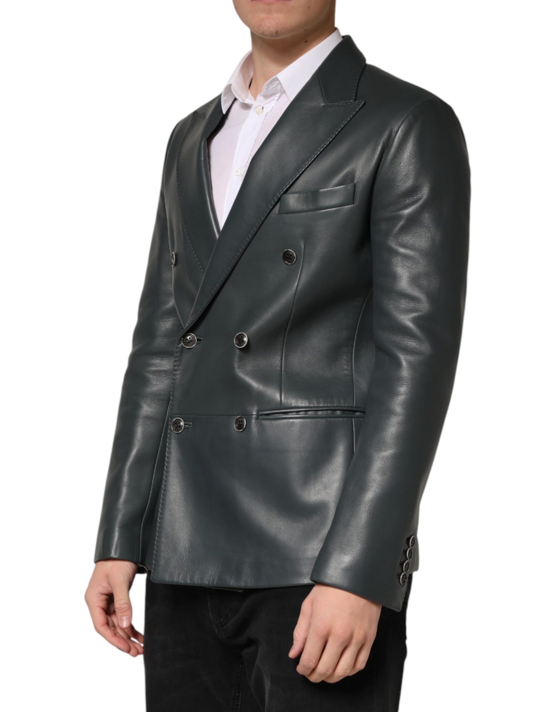 Blazer croisé 2 boutons en cuir noir Dolce & Gabbana