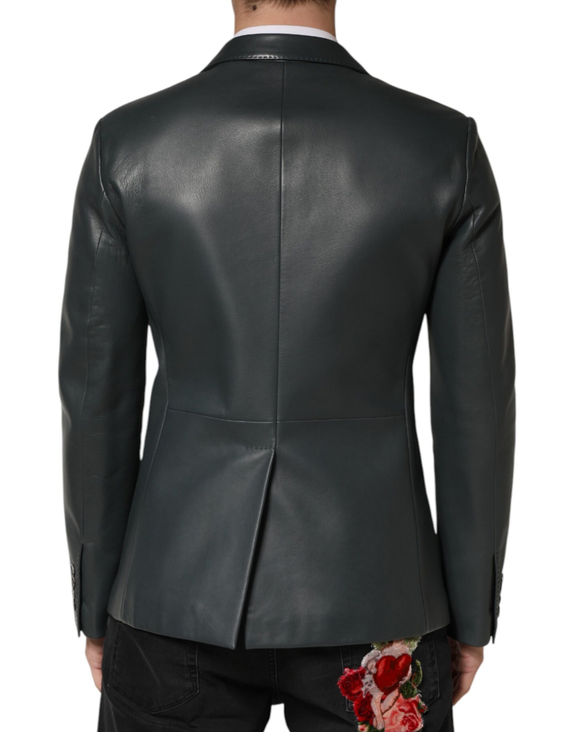 Blazer croisé 2 boutons en cuir noir Dolce & Gabbana