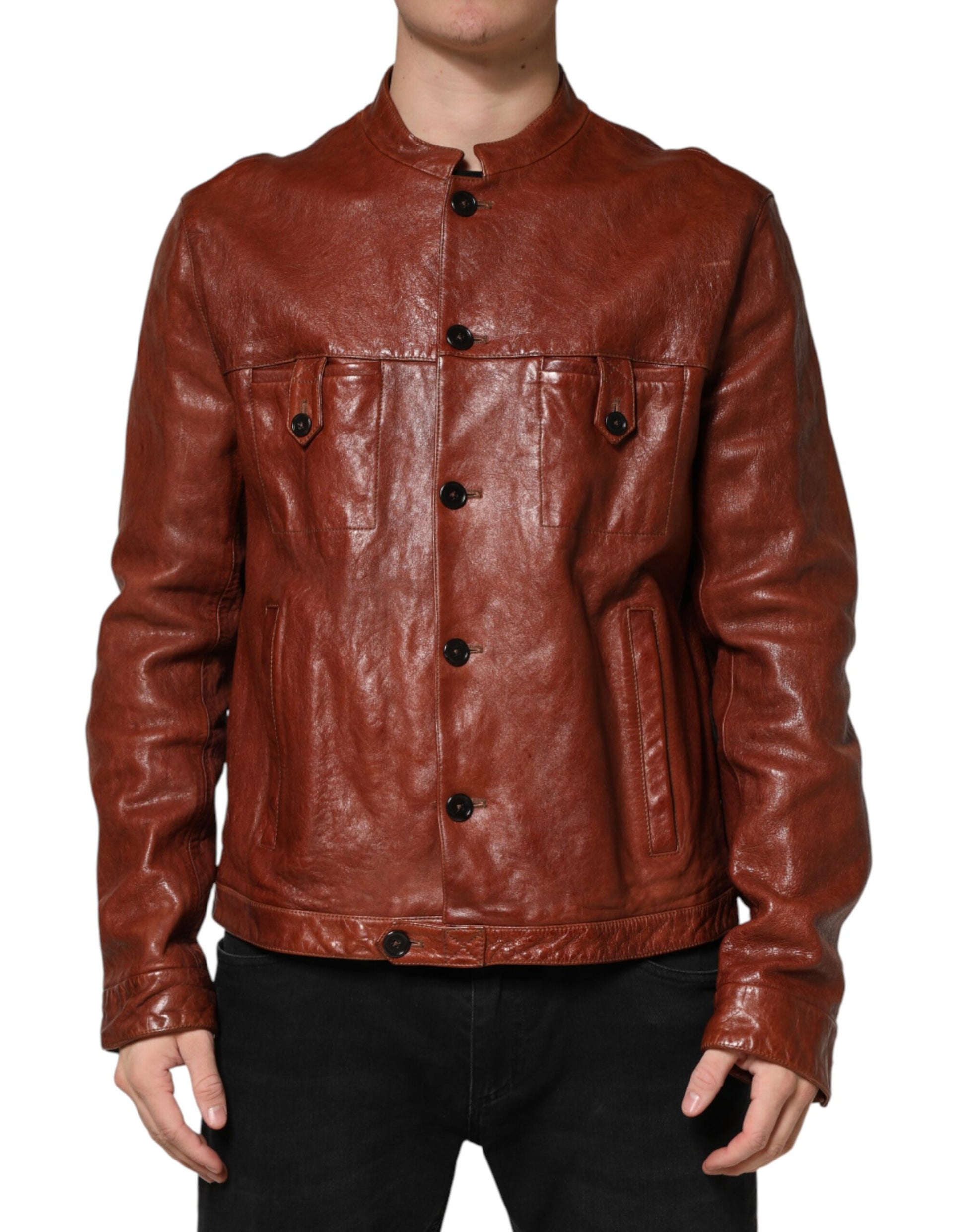 Blouson de motard Dolce & Gabbana en cuir marron boutonné pour homme