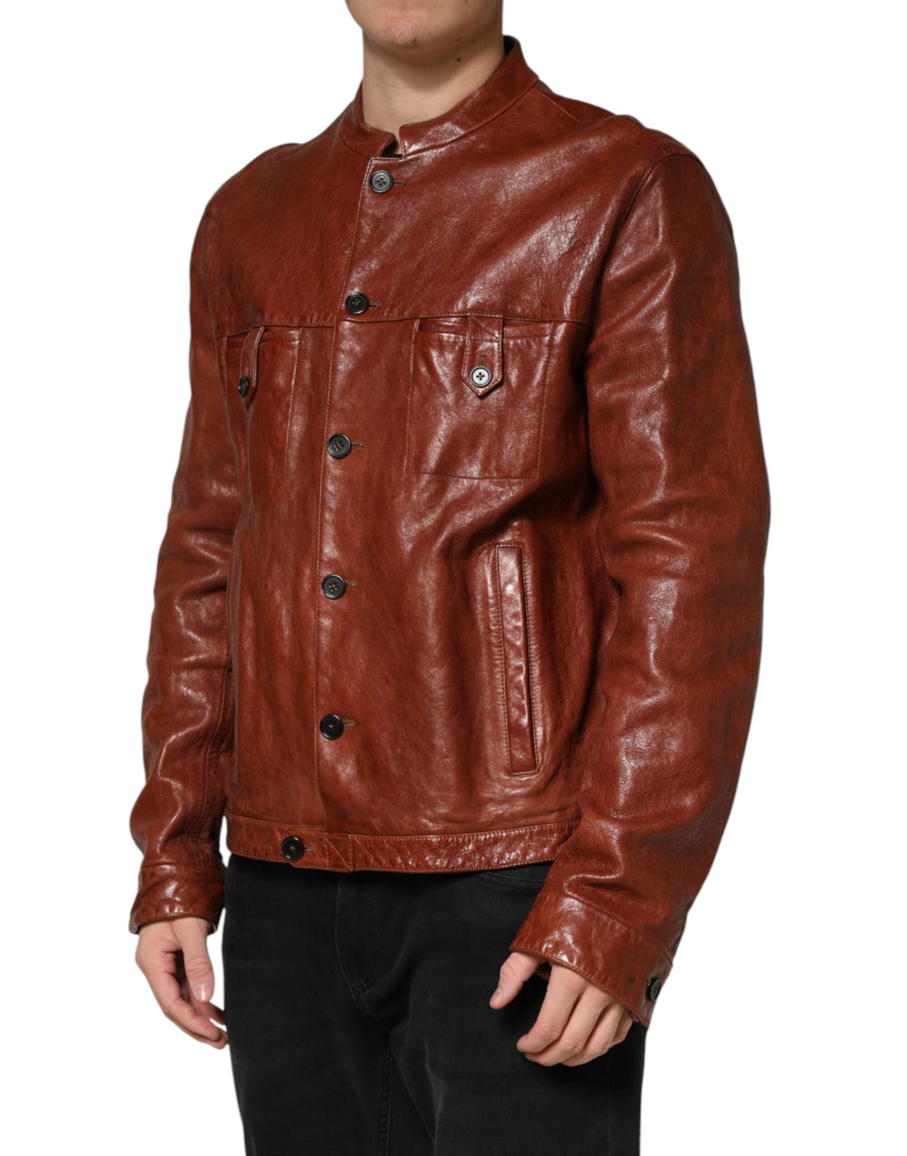 Blouson de motard Dolce & Gabbana en cuir marron boutonné pour homme