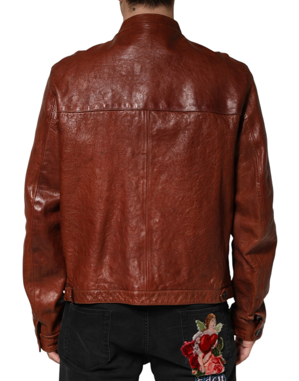 Blouson de motard Dolce & Gabbana en cuir marron boutonné pour homme