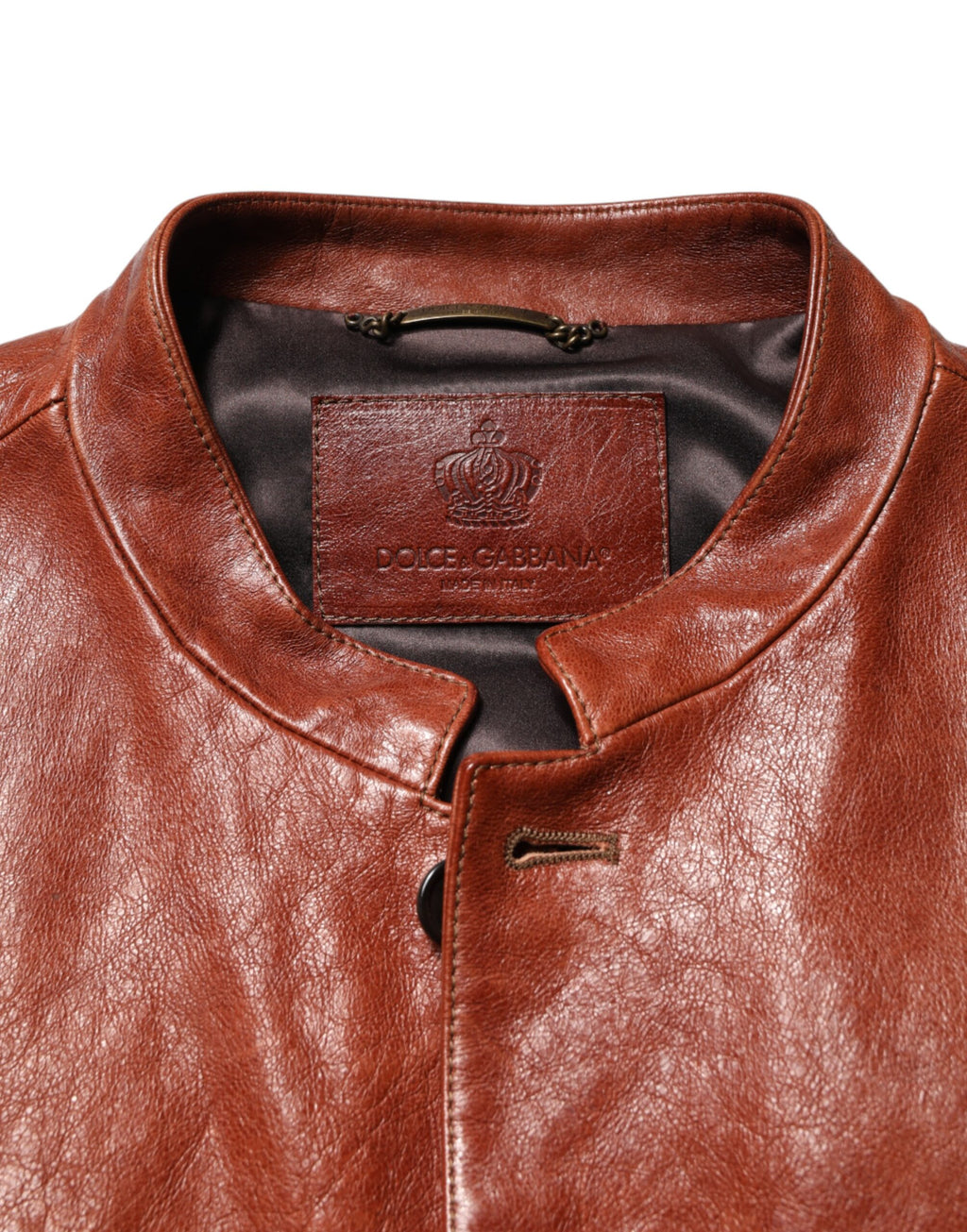Blouson de motard Dolce & Gabbana en cuir marron boutonné pour homme