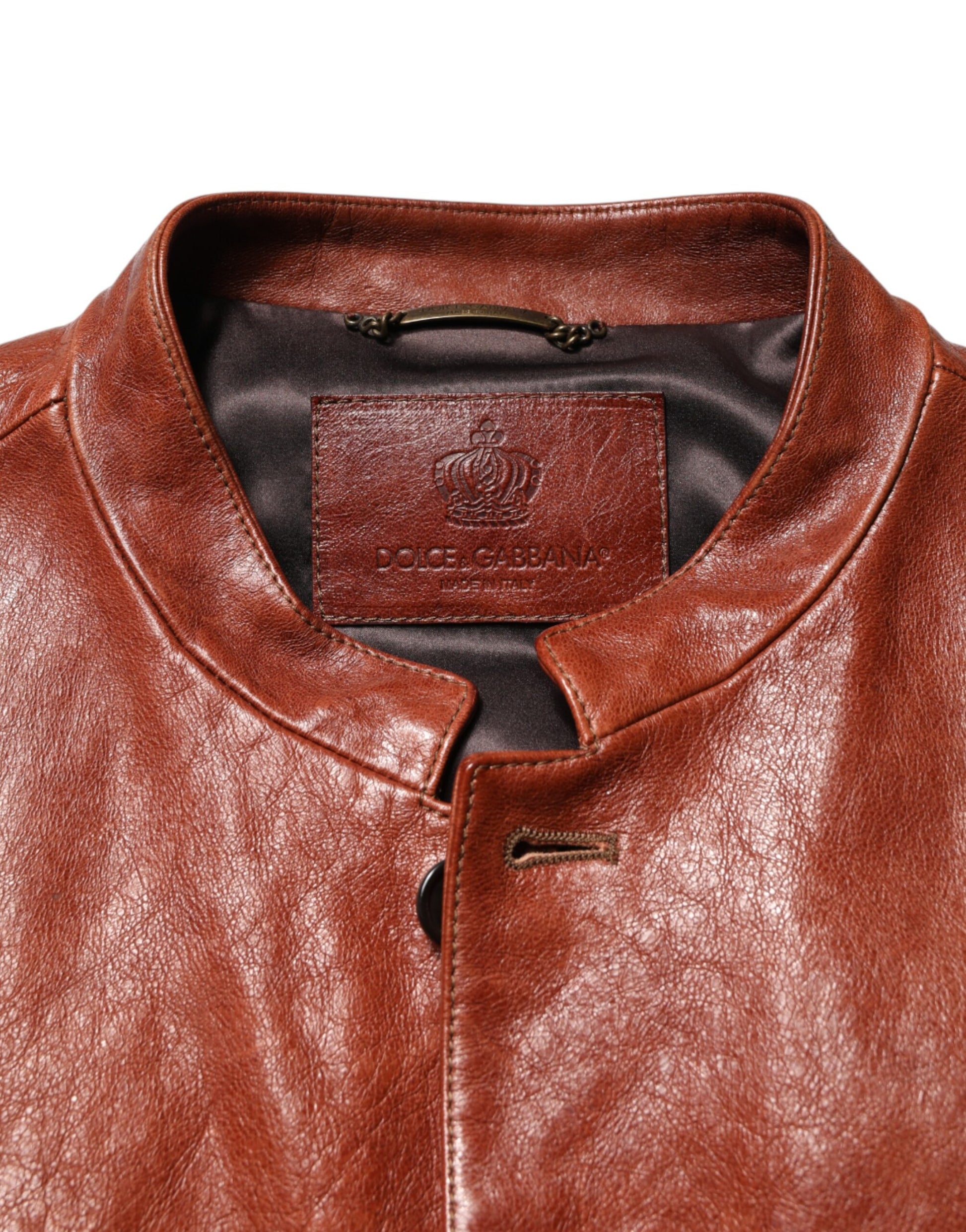 Blouson de motard Dolce & Gabbana en cuir marron boutonné pour homme