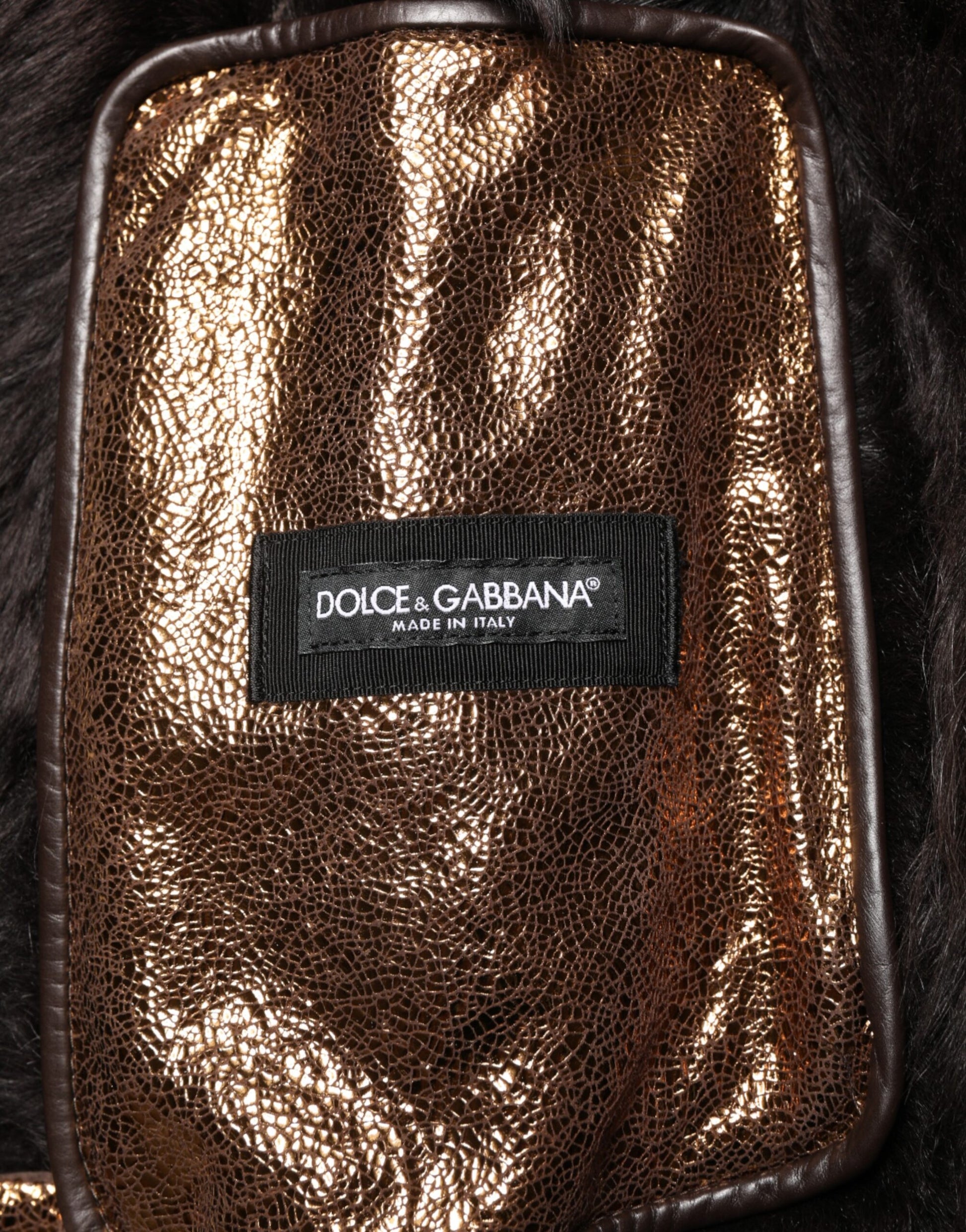 Blouson de motard Dolce & Gabbana en cuir bronze et fourrure pour homme, entièrement zippé
